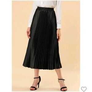NWOT Black, Elastic-waisted, Metallic Pleated Midi Skirt